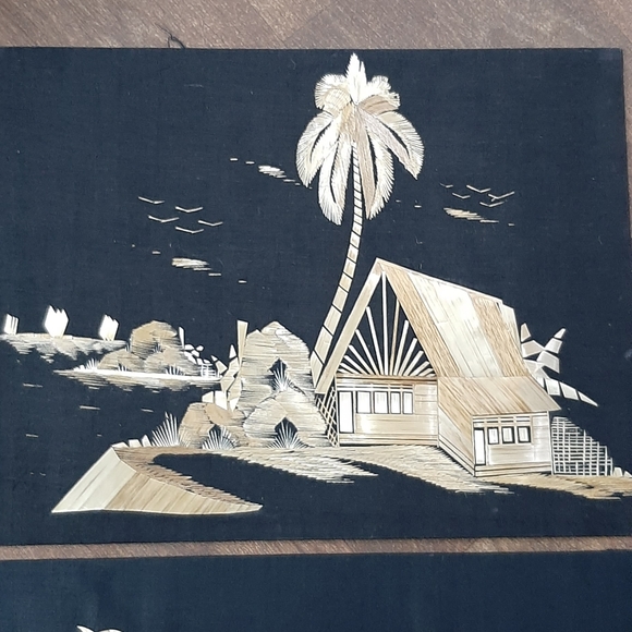 Vintage Asian Folk Art Pressed Bamboo Leaf Black Silk Set of 2 15 3/4" x 11 3/4" - Picture 2 of 6